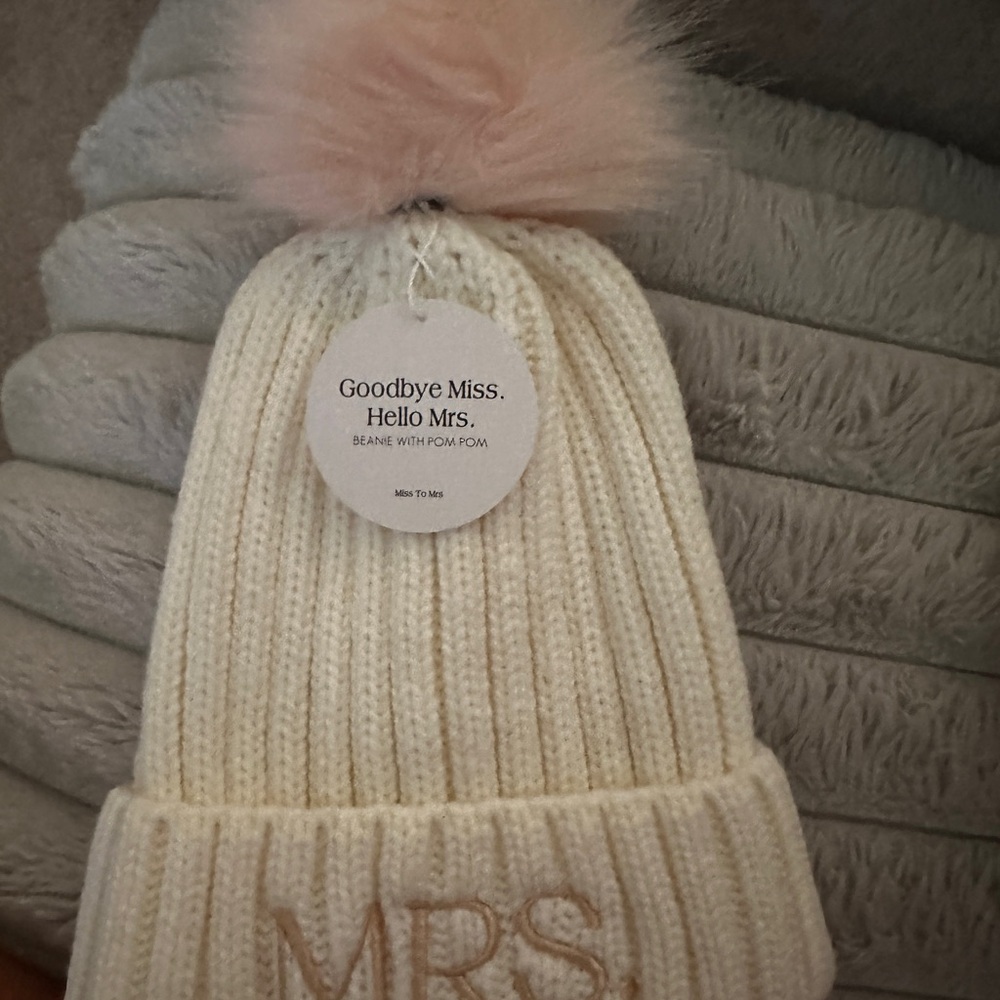 Mrs. Cream Beanie with Pink Pom Pom